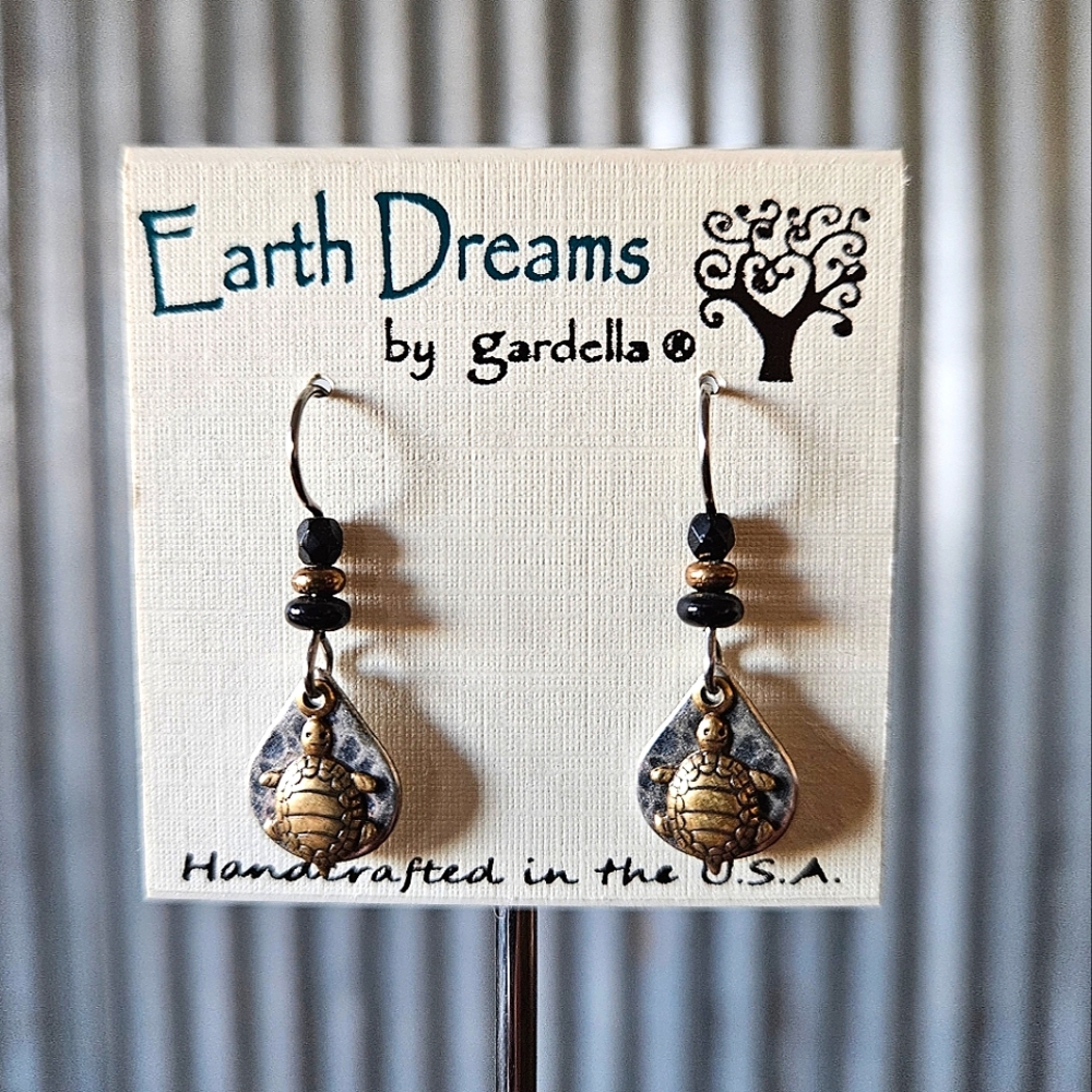 NWT Earth Dreams by Gardella Turtle Dangle Drop Earrings Gold/Silver
